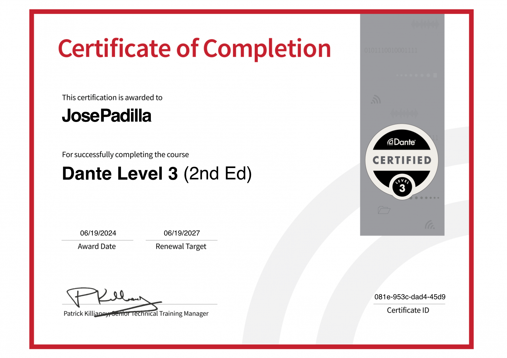 Dante Level 3 Certification